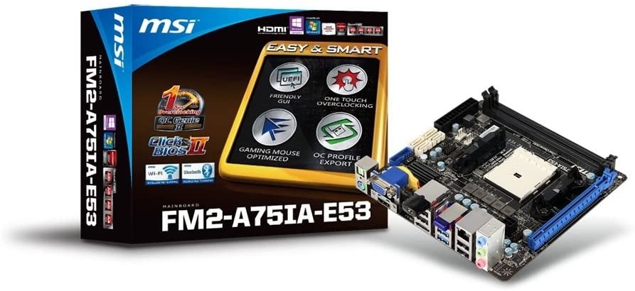 MSI Socket FM2, AMD A75, SATA 6Gb/s, USB 3.0, 1 PCI-E x16, Mini ITX Motherboard FM2-A75IA-E53